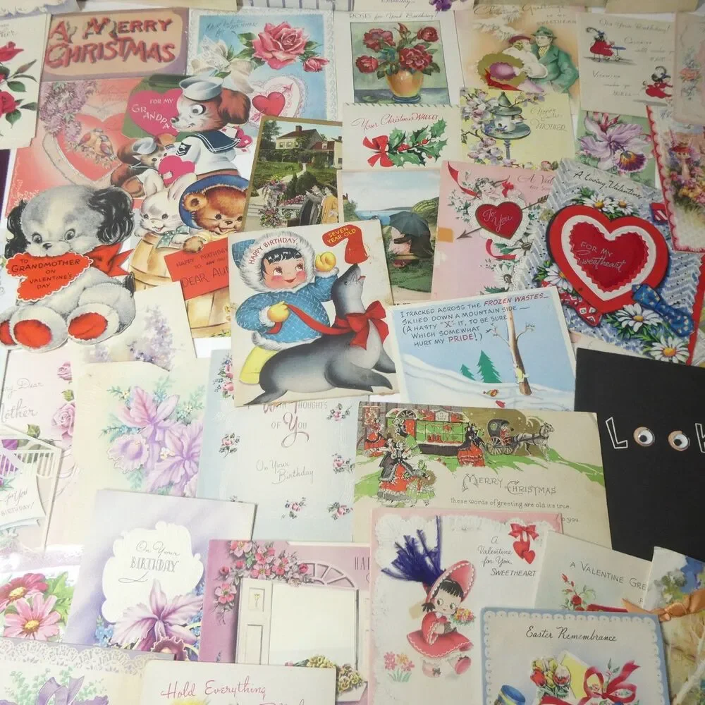 Lot Vintage Holiday Greeting Cards Valentines Birthday Christmas Used